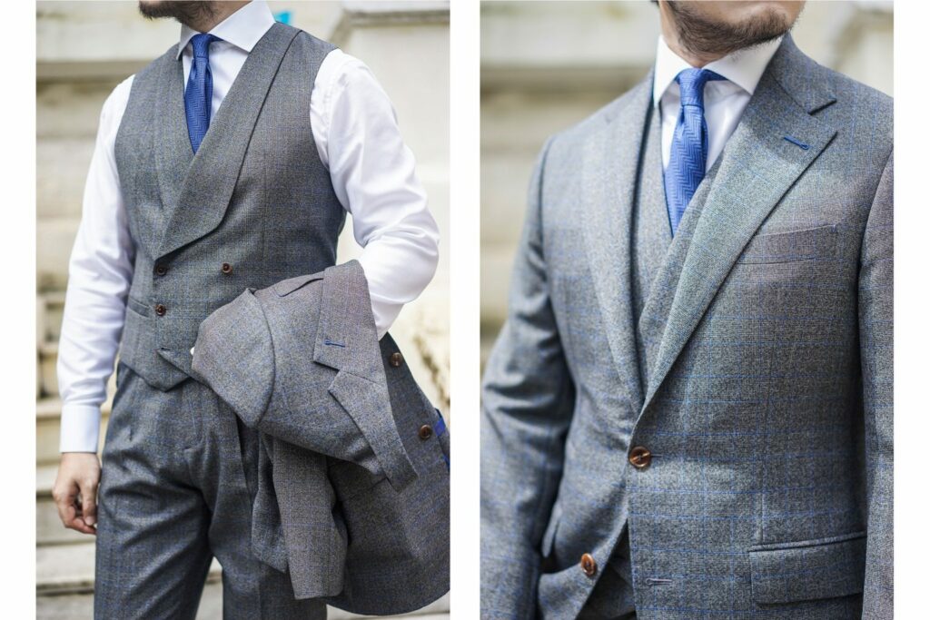 Suit xám phối hợp cùng sơmi vải công nghệ và cà vạt lụa Ý