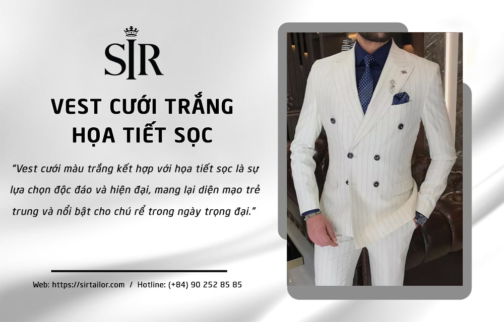 Mẫu vest trắng chú rể họa tiết sọc