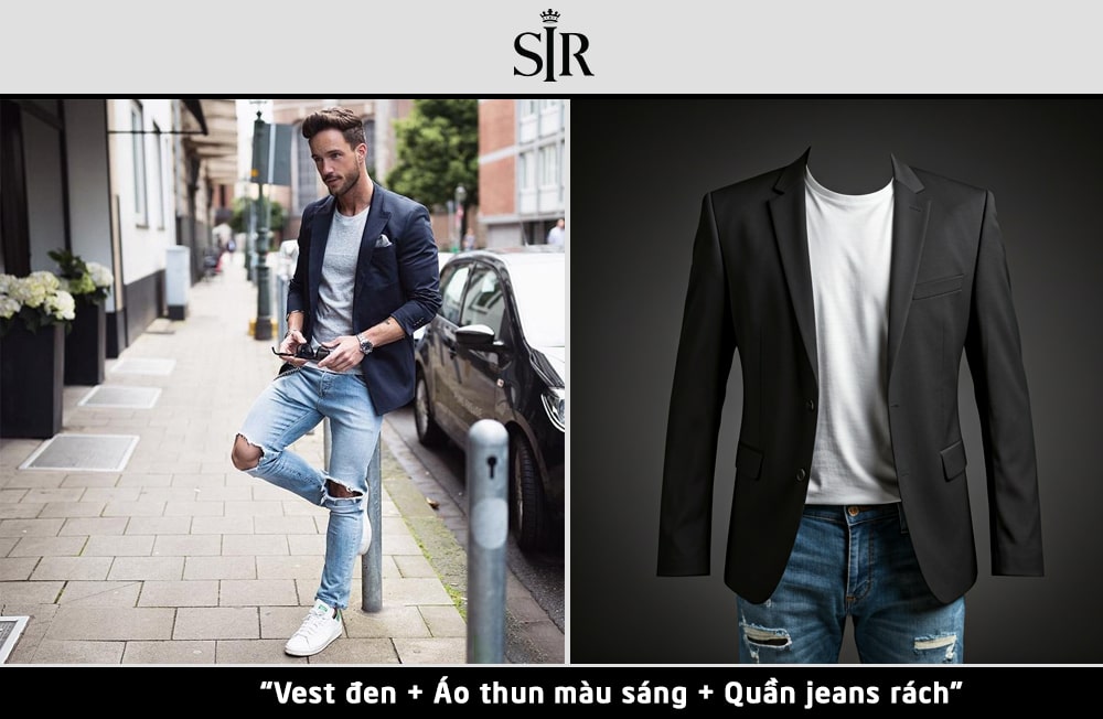 Cách phối áo vest đen với áo thun sáng màu và quần jeans rách