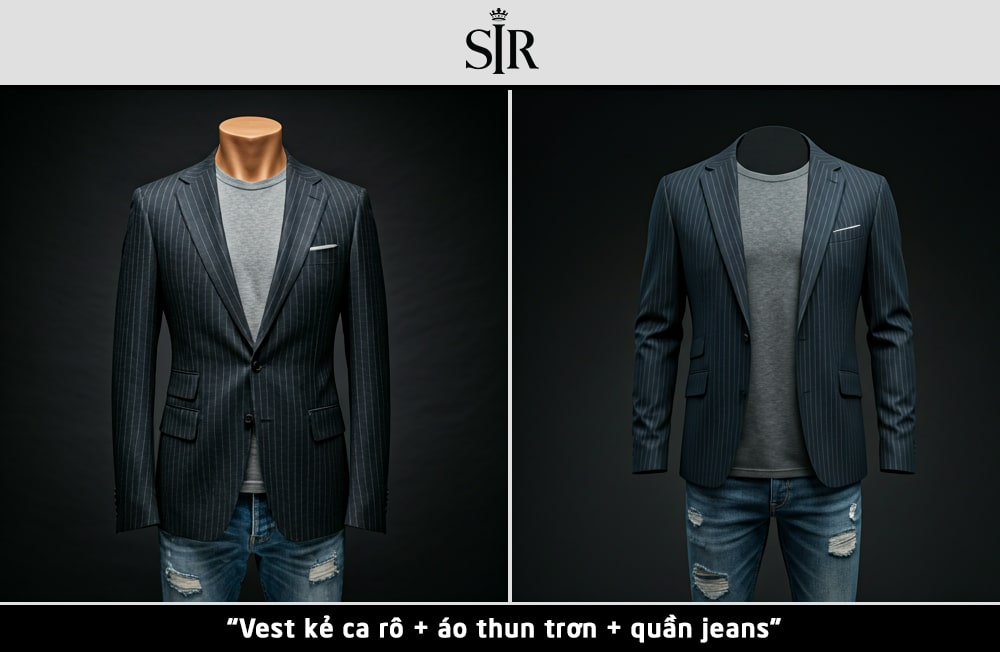 Cách phối áo vest kẻ caro với áo thun trơn và quần jeans