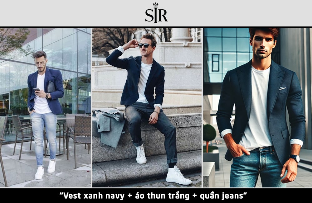 Cách phối áo vest nam xanh navy với áo thun trắng và quần jeans