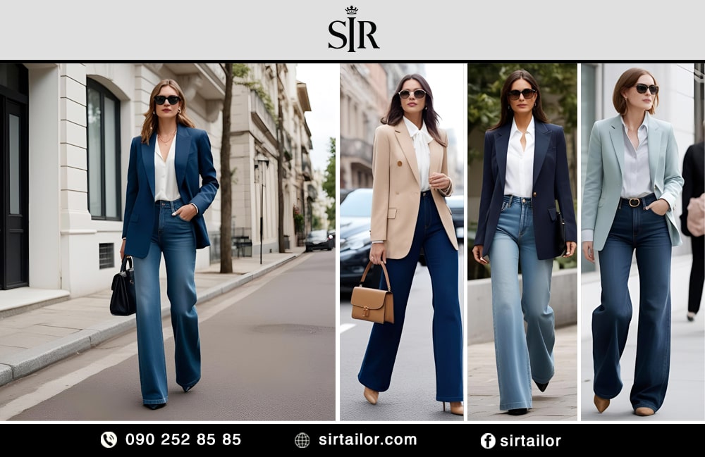 Phối áo blazer với quần jean ống rộng theo phong cách thanh lịch, công sở