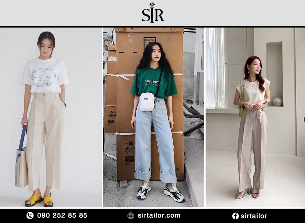 Phối quần ống rộng với áo thun