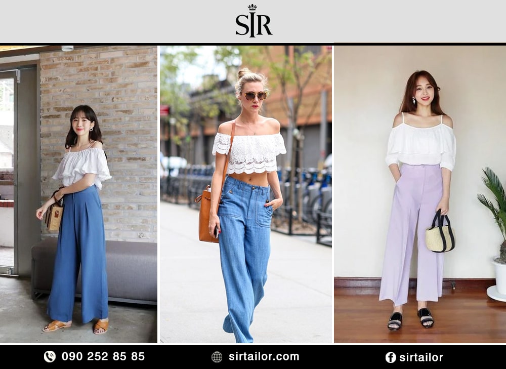 Phối quần ống rộng với áo trễ vai