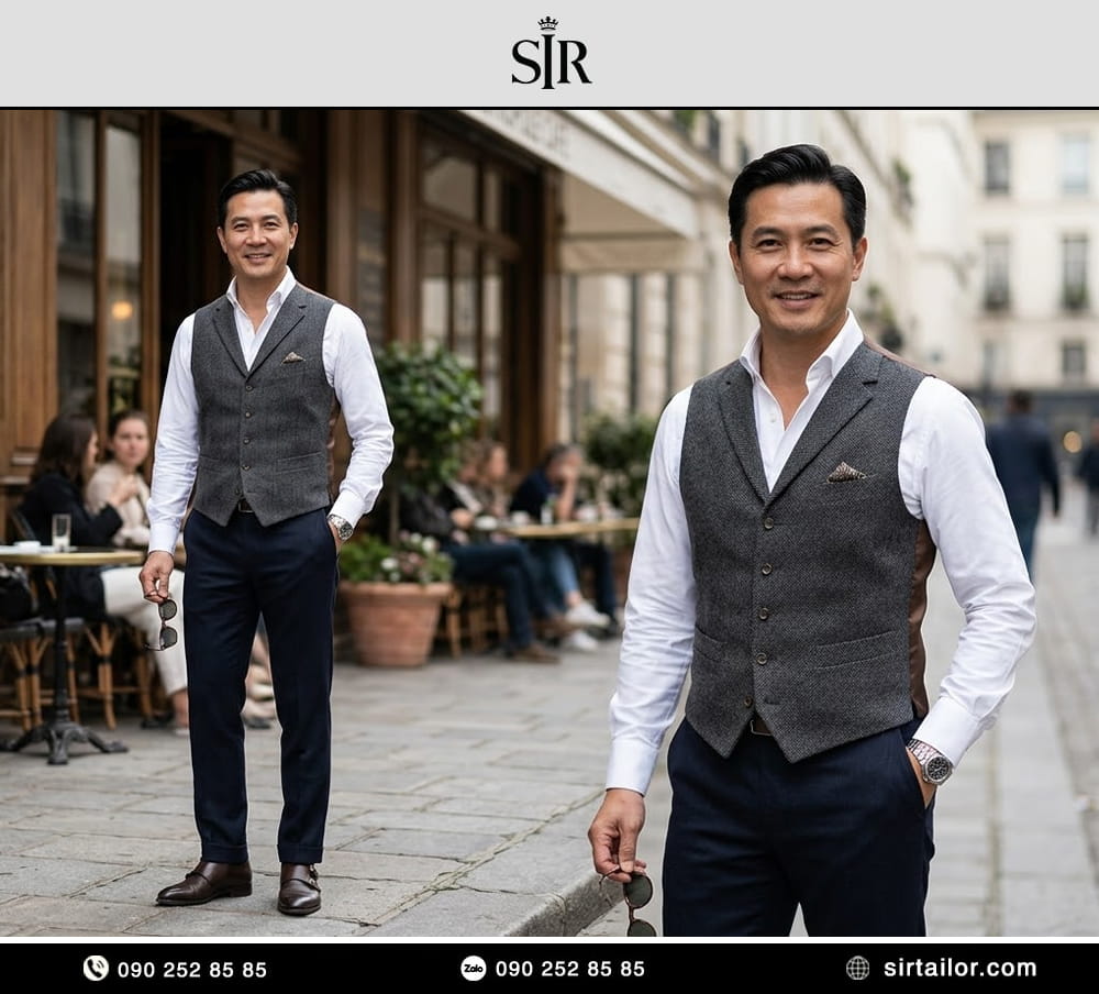 Phối áo gile với áo sơ mi trắng kinh điển