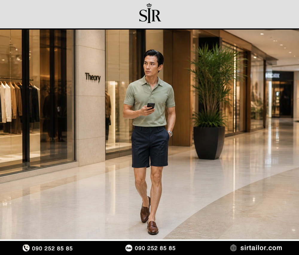 Polo kết hợp quần shorts với tone trung tính (beige, olive, navy)