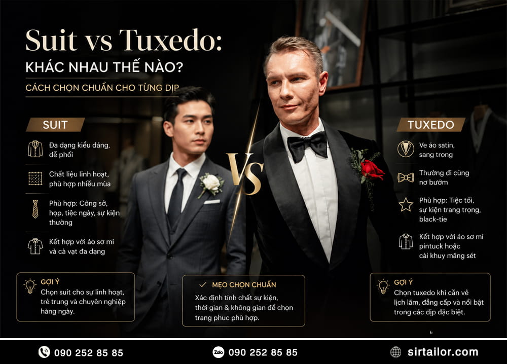 Suit vs Tuxedo: Khác nhau thế nào? Cách chọn chuẩn cho từng dịp