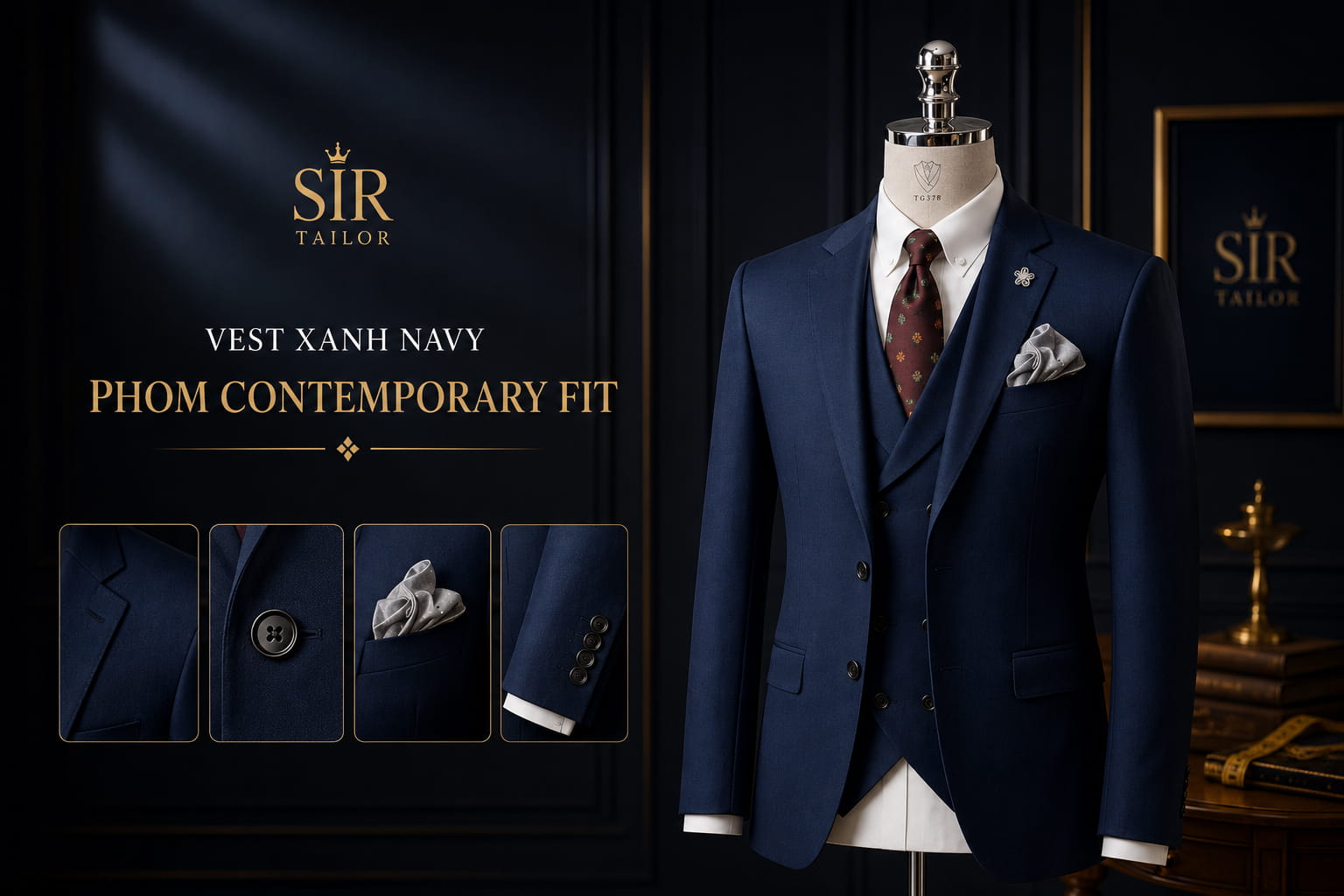Mẫu Vest xanh navy phom Contemporary Fit tại SIR Tailor