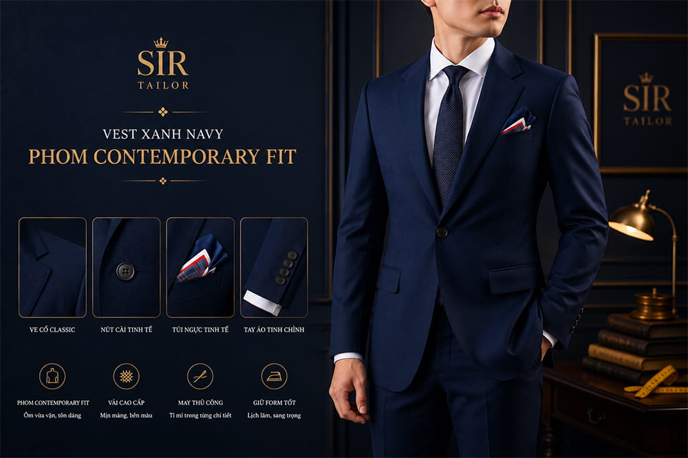 Mẫu Vest xanh navy phom Contemporary Fit