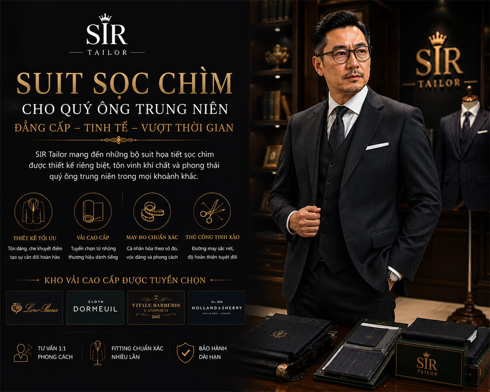 Mẫu suit họa tiết sọc chìm cho quý ông trung niên tại SIR Tailor