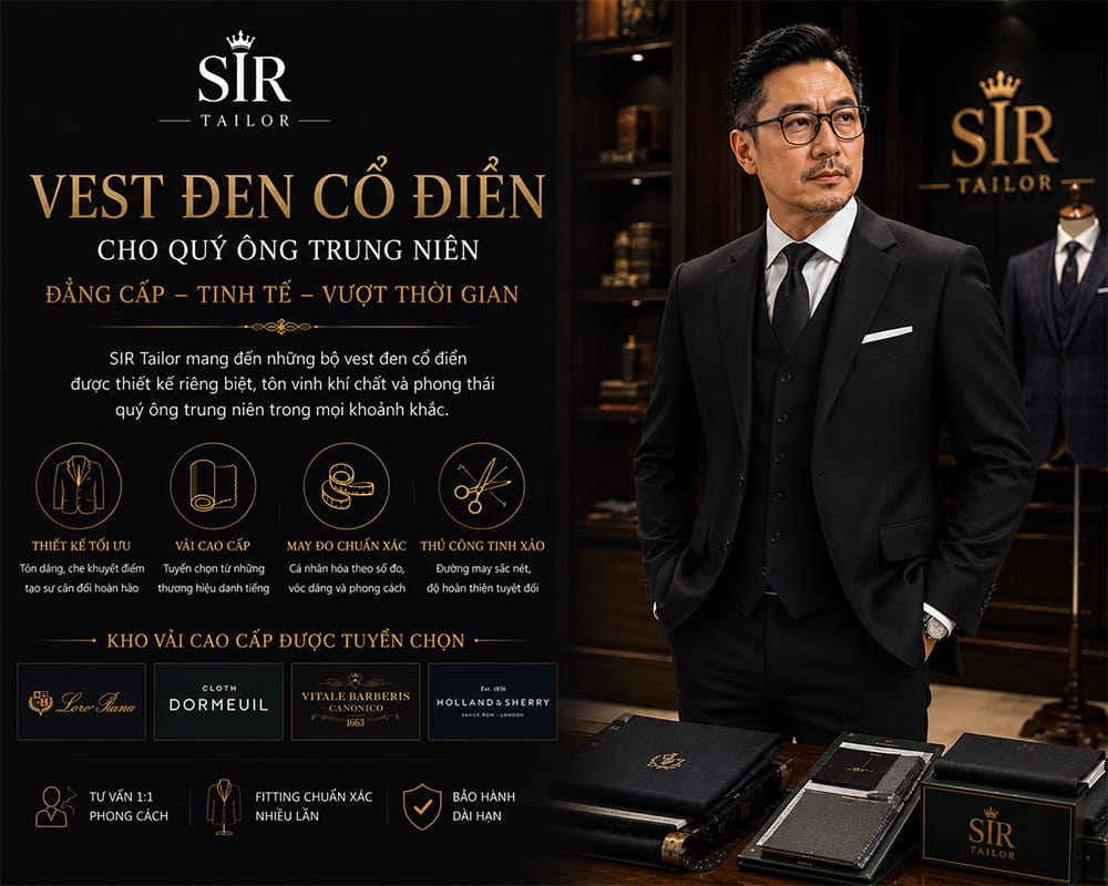 Mẫu vest đen cổ điển cho quý ông trung niên tại SIR Tailor