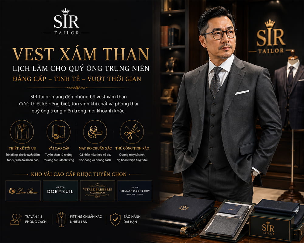 Mẫu vest xám than lịch lãm cho quý ông trung niên tại SIR Tailor