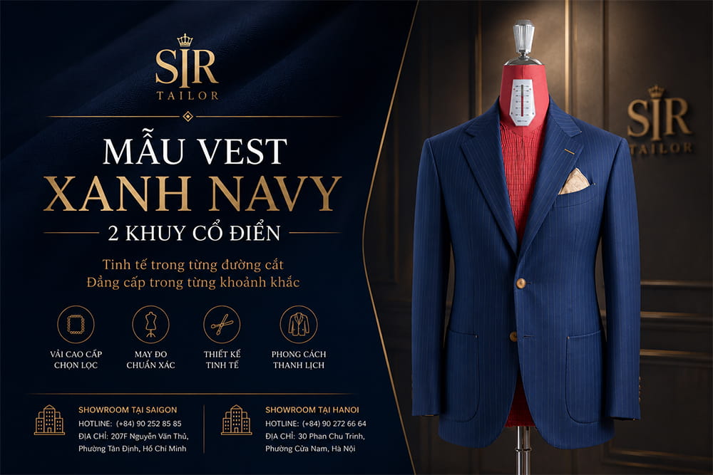 Vest xanh navy 2 khuy cổ điển