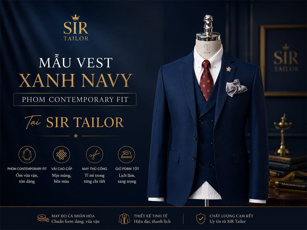 Vest xanh navy phom Contemporary Fit tại Sir Tailor