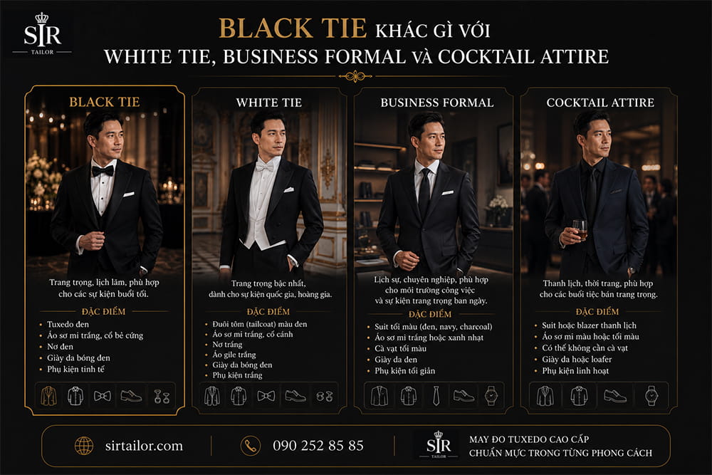 Black Tie khác gì với White Tie, Business Formal và Cocktail Attire