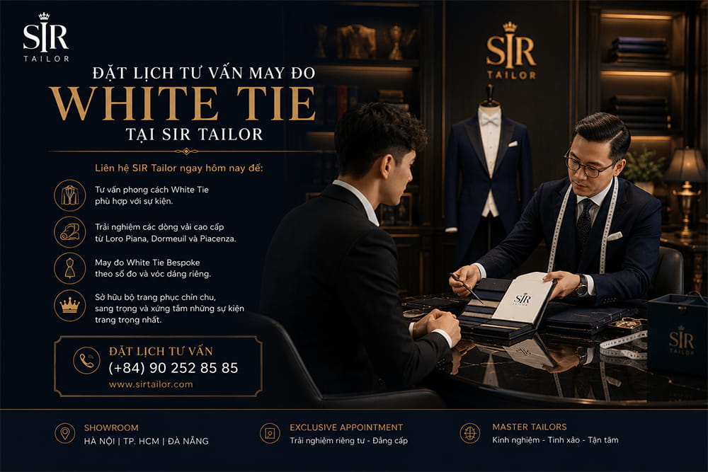 Đặt lịch tư vấn may đo White Tie tại SIR Tailor