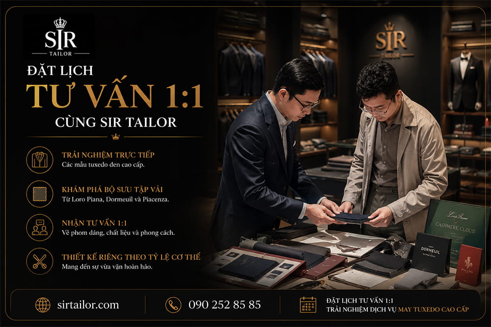 Đặt lịch tư vấn may tuxedo đen cùng SIR Tailor