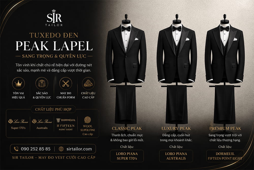 Mẫu Tuxedo đen ve nhọn Peak Lapel tại SIR Tailor