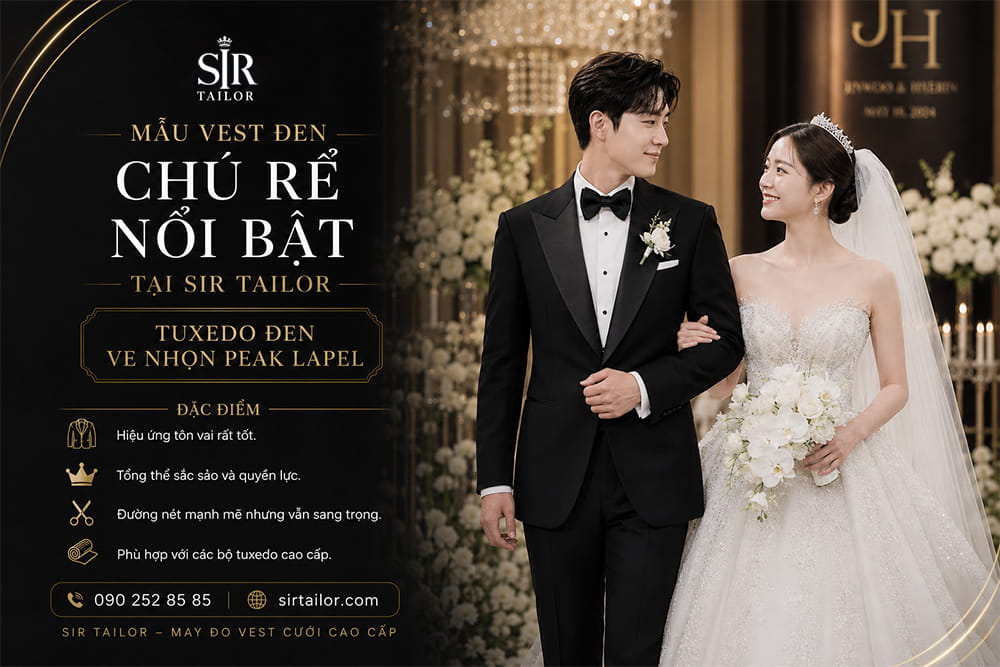 Mẫu Tuxedo đen ve nhọn Peak Lapel