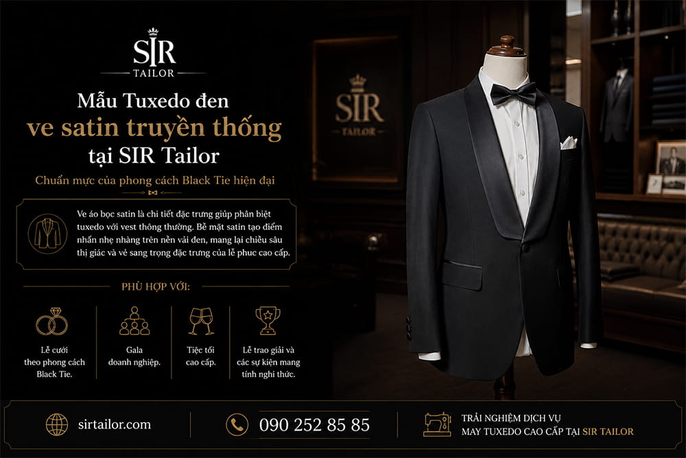 Mẫu Tuxedo đen ve satin truyền thống tại SIR Tailor