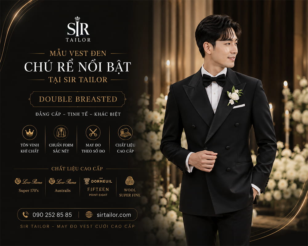 Mẫu vest Double Breasted màu đen cho chú rể do SIR Tailor may đo