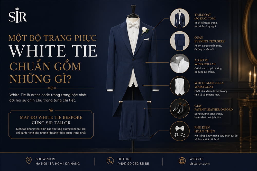 Một bộ trang phục White Tie chuẩn gồm những gì