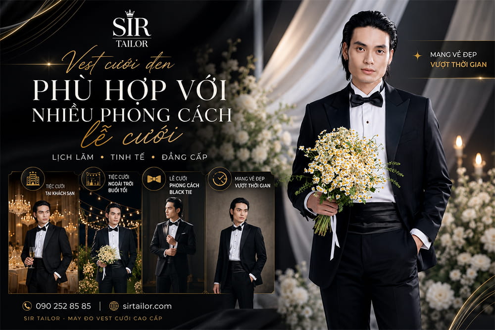 Vest cưới đen phù hợp với nhiều phong cách lễ cưới