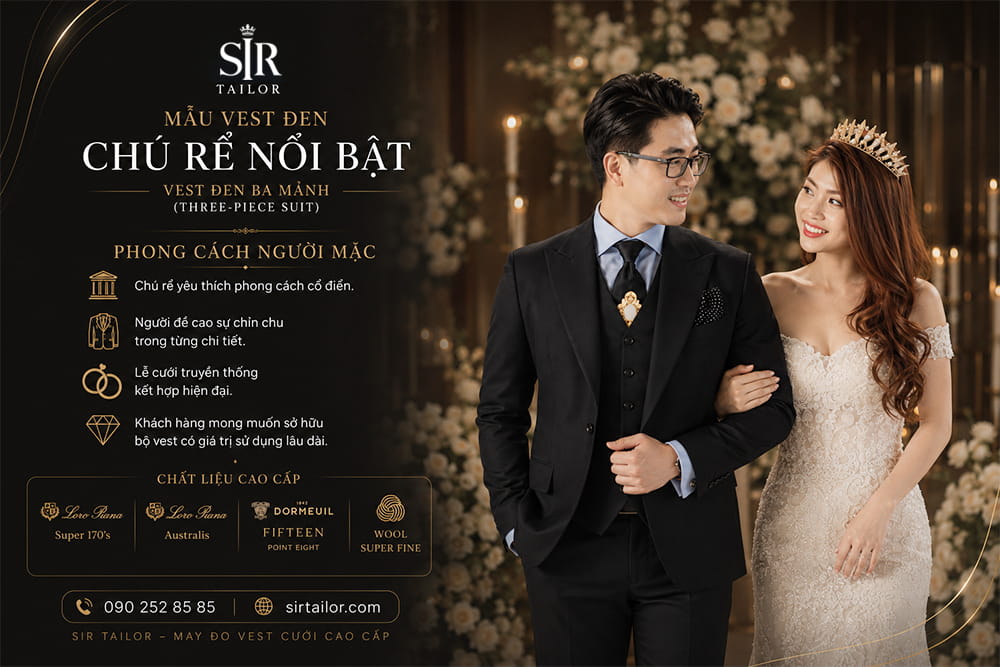 Vest đen ba mảnh cho chú rể tại SIR Tailor