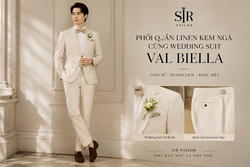 Phối quần linen kem ngà cùng Wedding Suit Val Biella