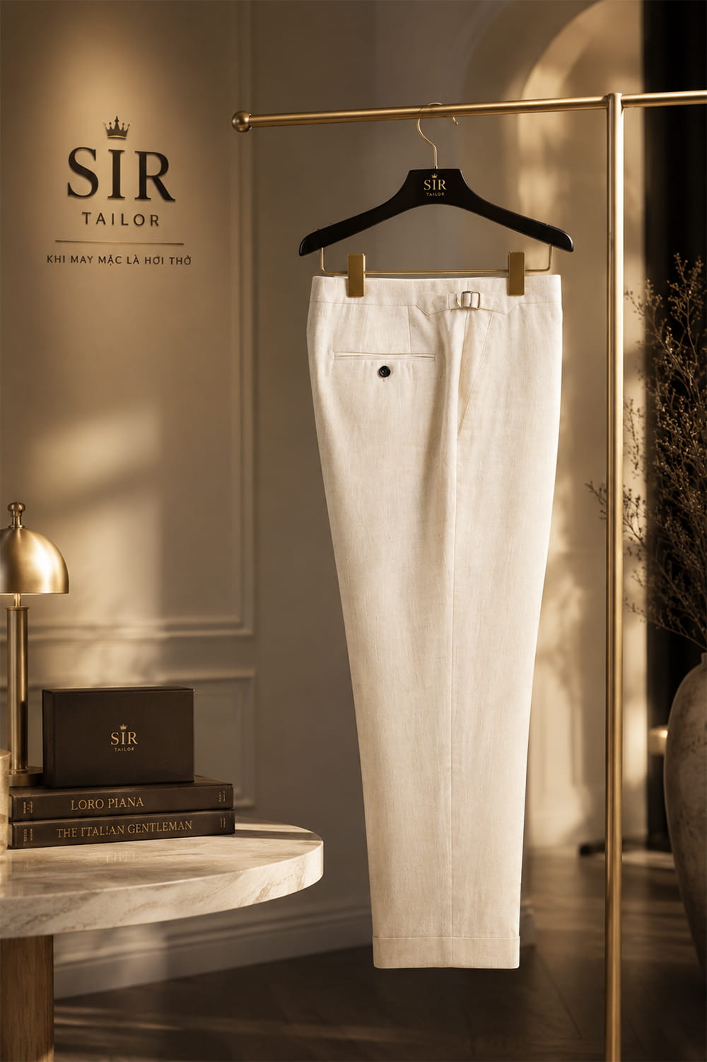 Quần tây linen kem ngà Val Biella