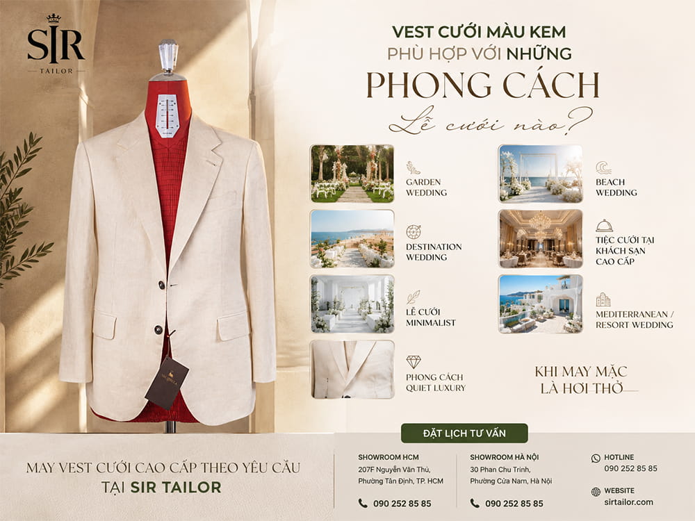 Vest cưới màu kem phù hợp với những phong cách lễ cưới nào