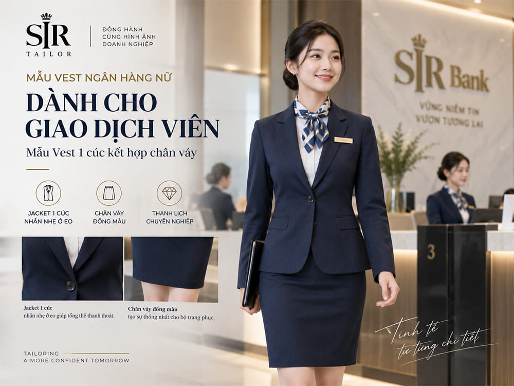 Mẫu vest đồng phục ngân hàng 1 cúc kết hợp chân váy