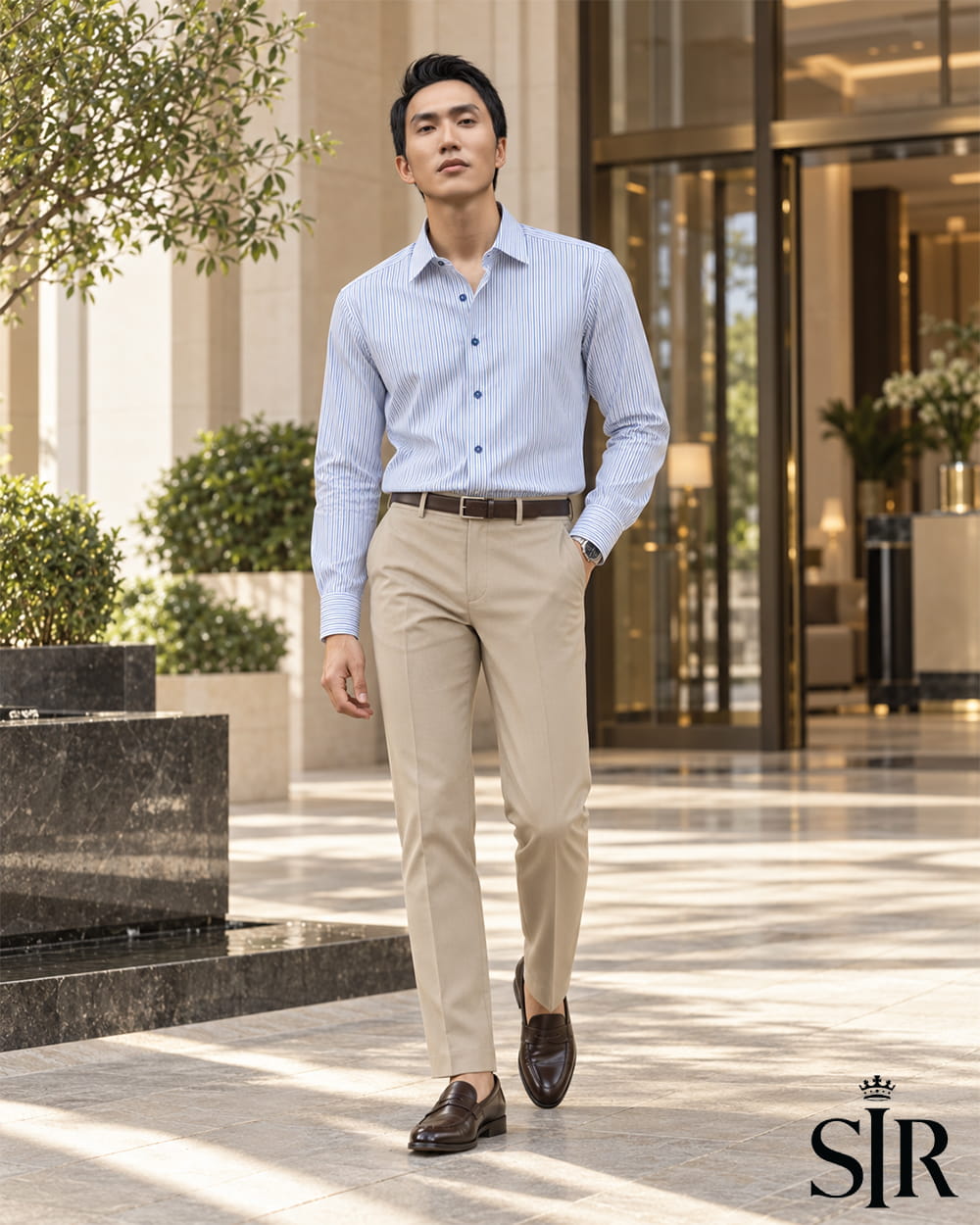 Phối Sơ mi sọc trung tính với quần âu beige