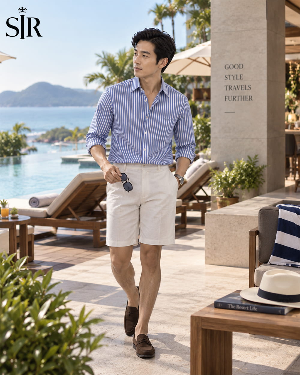 Phối áo sơ mi kẻ sọc cho kỳ nghỉ và resort
