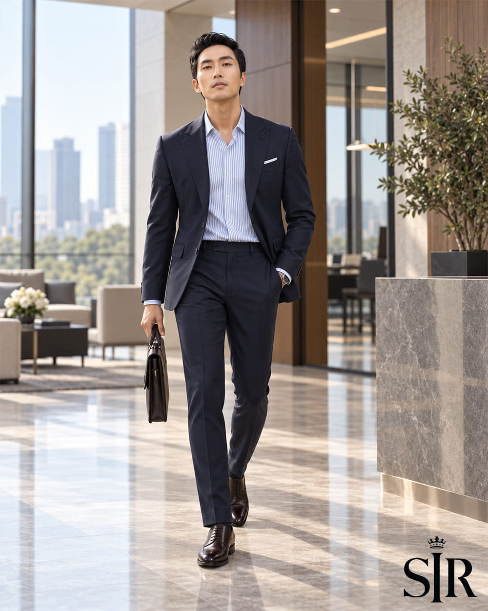 Phối áo sơ mi pencil stripe + suit navy + giày Oxford