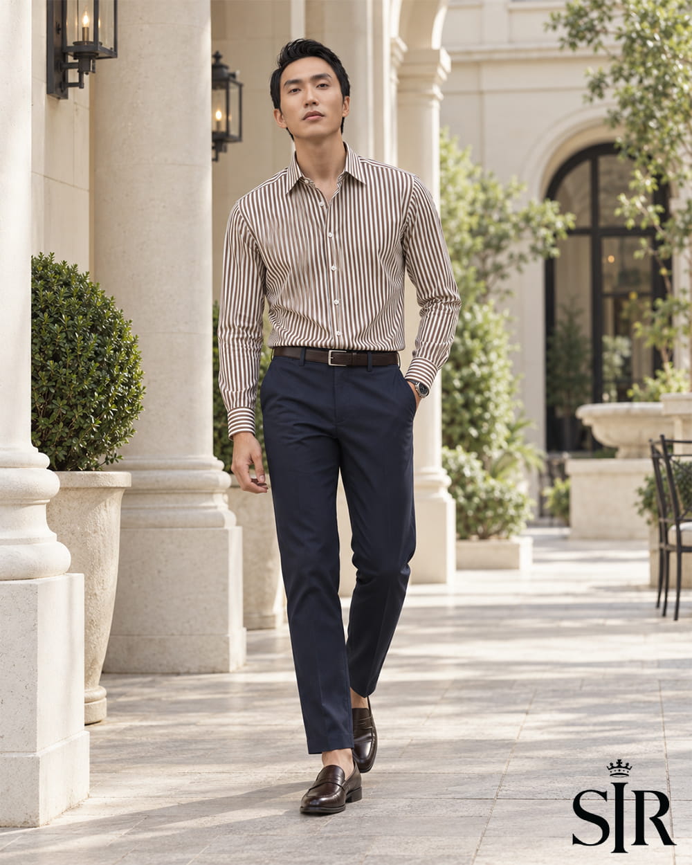 Phối áo sơ mi sọc nâu – trắng với quần chino navy