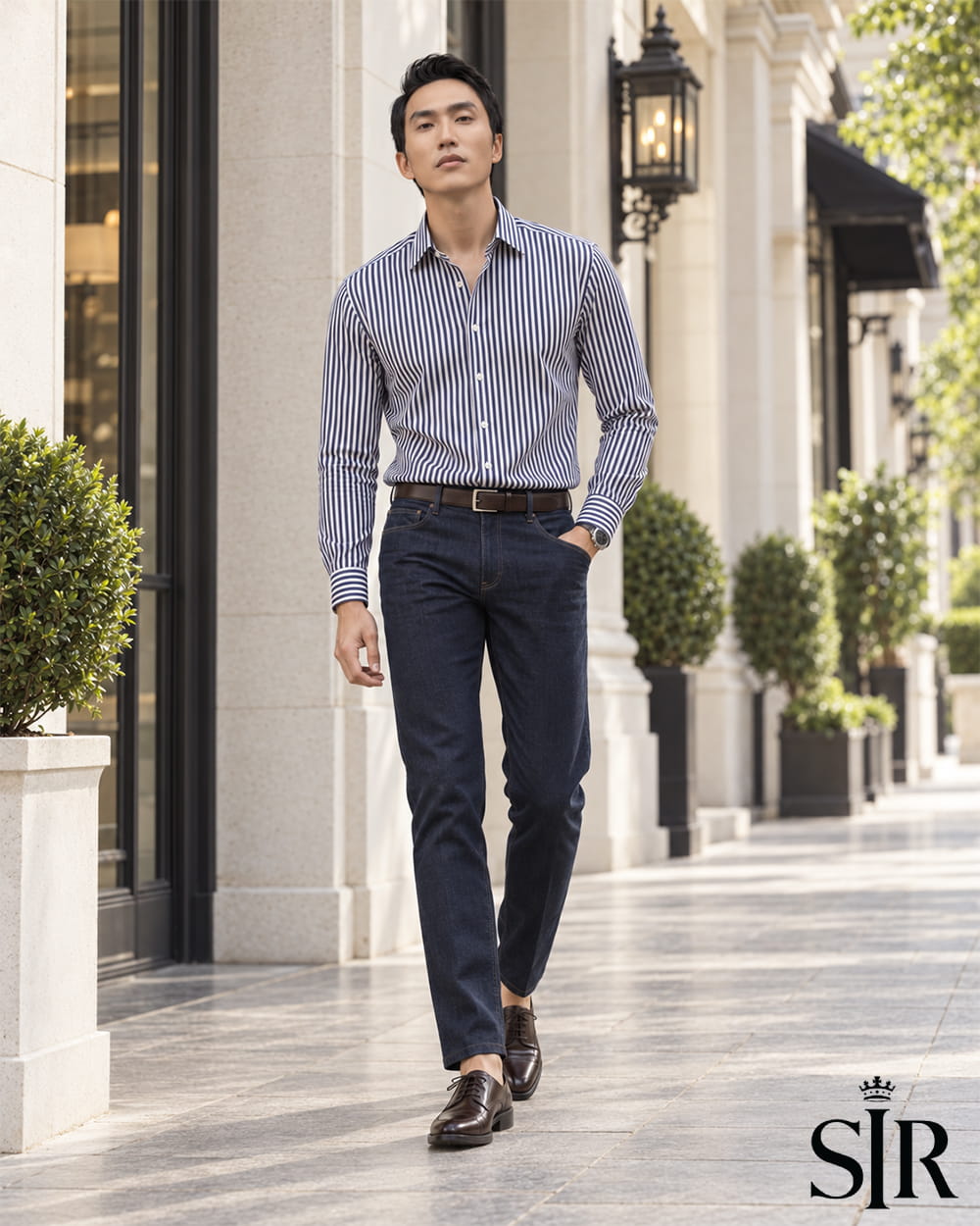 Phối áo sơ mi sọc navy - trắng với quần jeans xanh đậm và Derby nâu