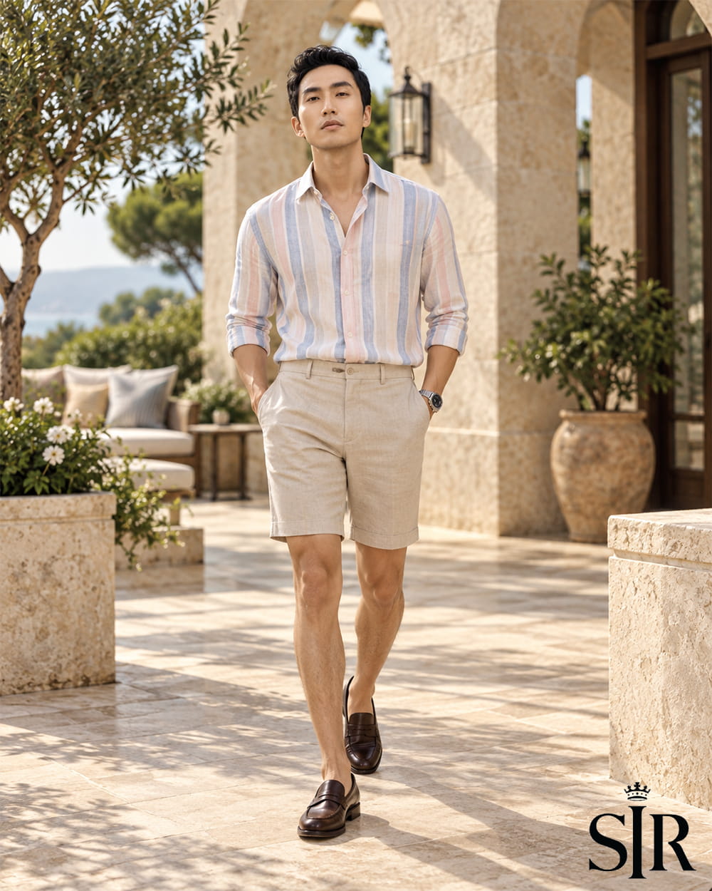 Phối áo sơ mi sọc pastel + short linen màu stone