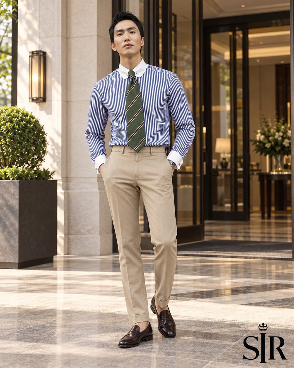 Phối chino beige cho sơ mi sọc xanh