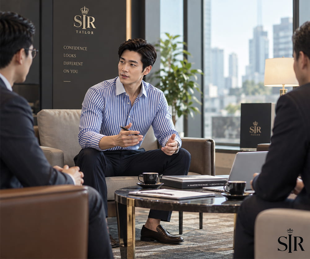 Phối đồ với áo sơ mi kẻ sọc nam khi gặp khách hàng, đối tác