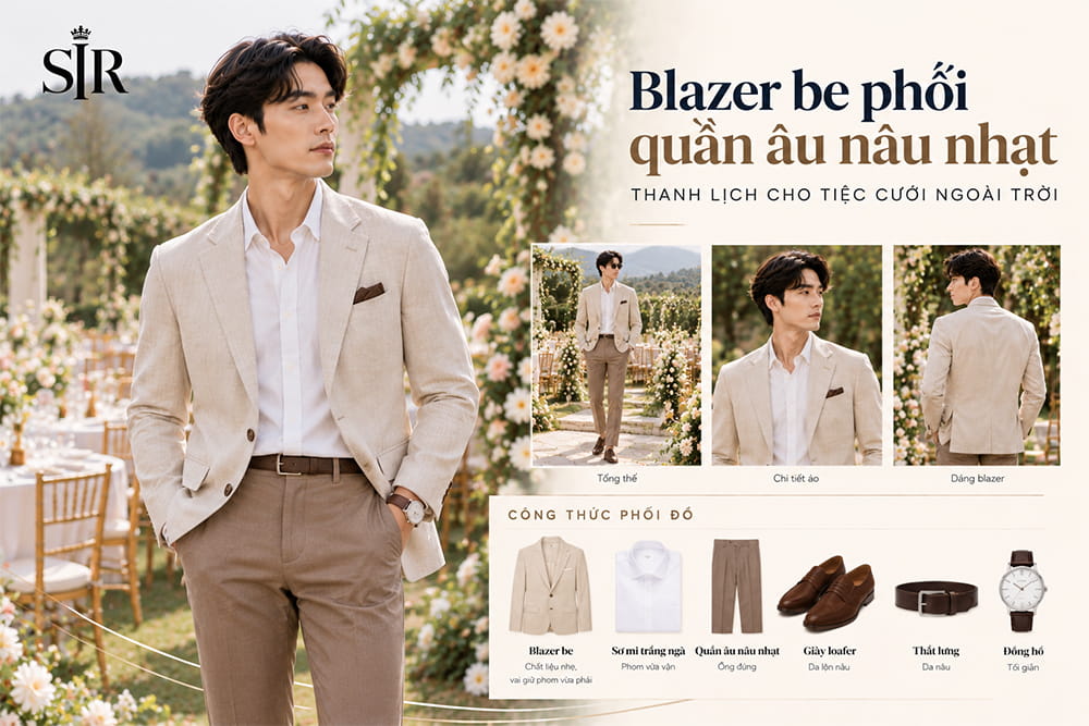 Blazer be phối quần âu nâu nhạt