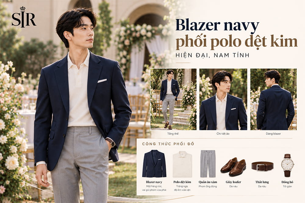 Blazer navy phối polo dệt kim