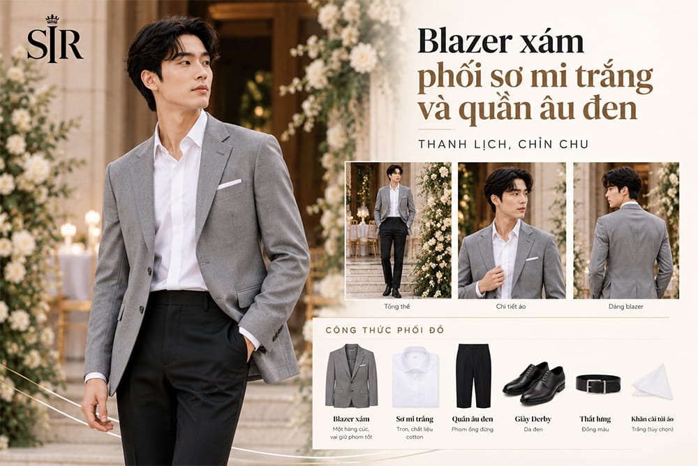 Blazer xám phối sơ mi trắng và quần âu đen