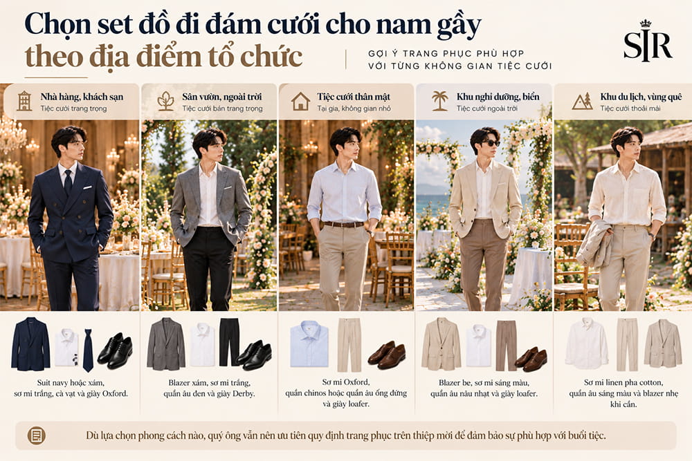 Chọn set đồ đi đám cưới cho nam gầy theo địa điểm tổ chức