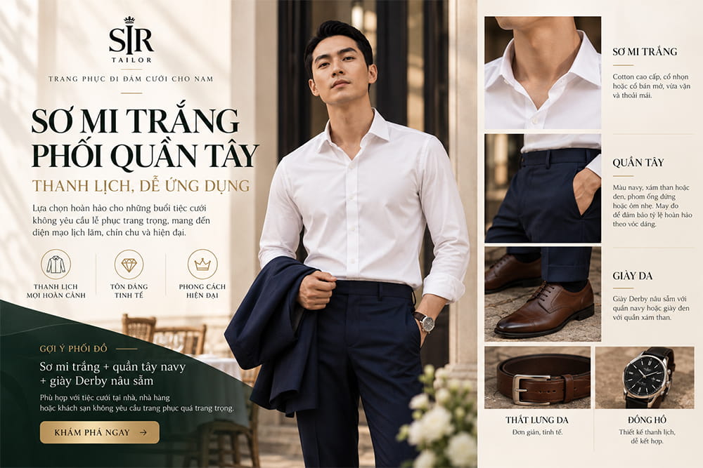 Phối trang phục đi đám cưới cho nam với sơ mi trắng và quần tây