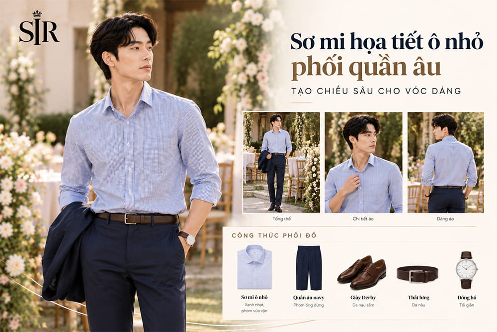 Sơ mi họa tiết ô nhỏ phối quần âu
