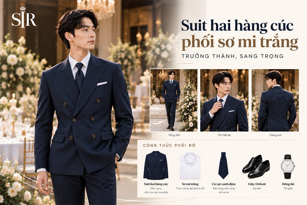 Suit hai hàng cúc phối sơ mi trắng