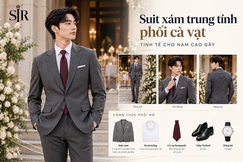 Suit xám trung tính phối cà vạt
