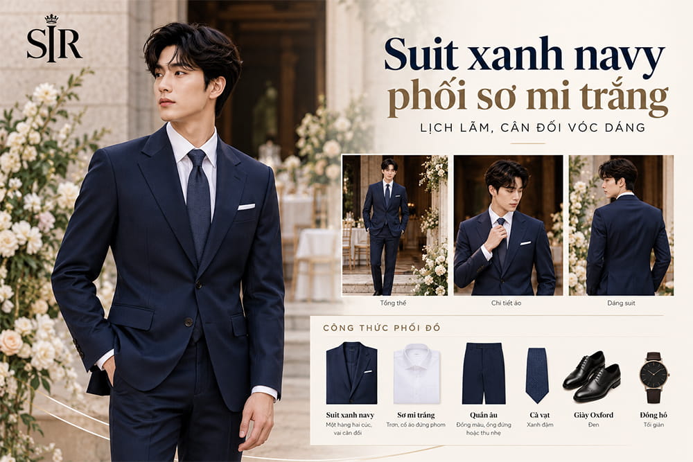 Suit xanh navy phối sơ mi trắng